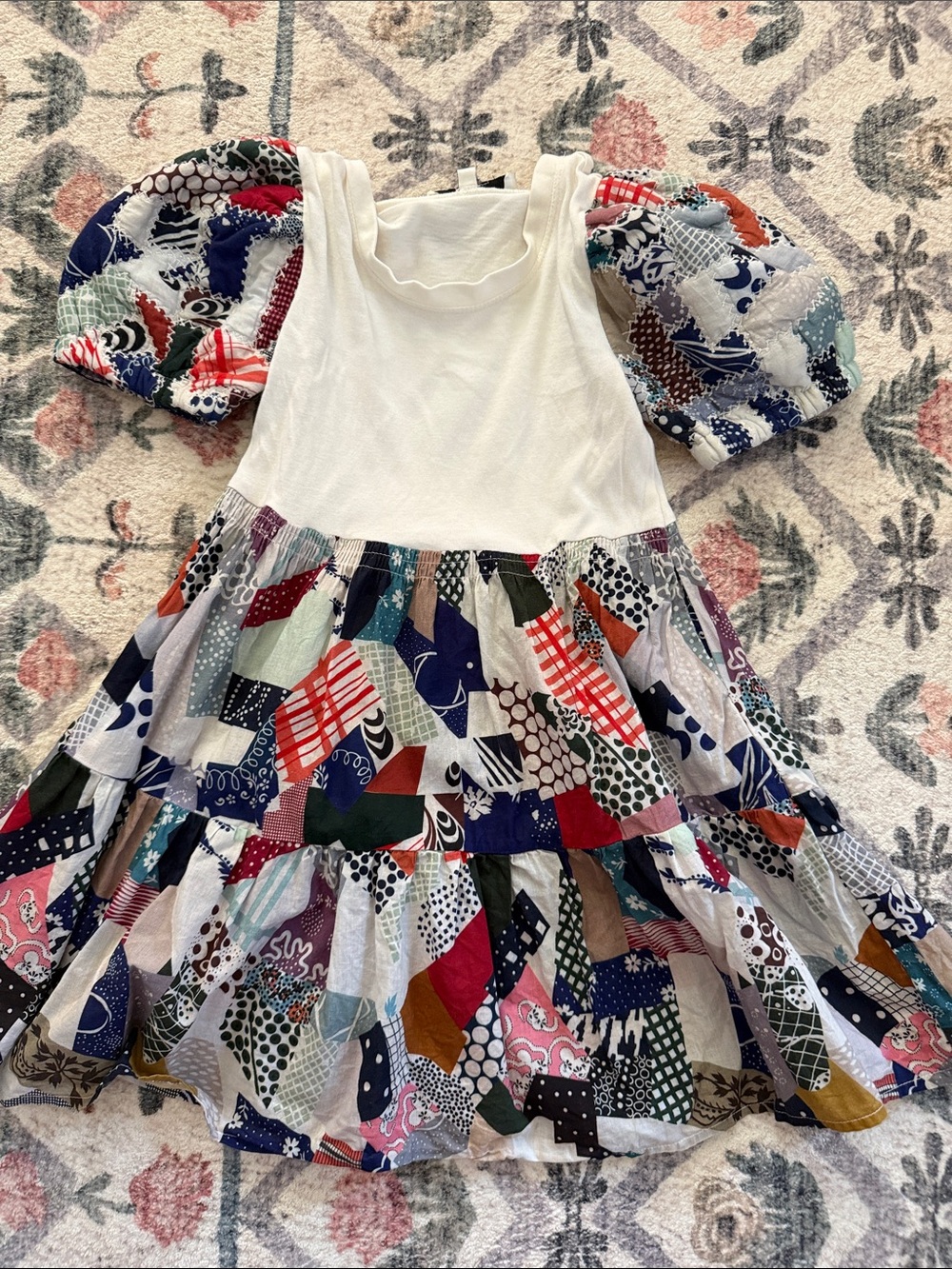 Sea New York White Bodice Multicolor Patchwork Puff-Sleeve Dress